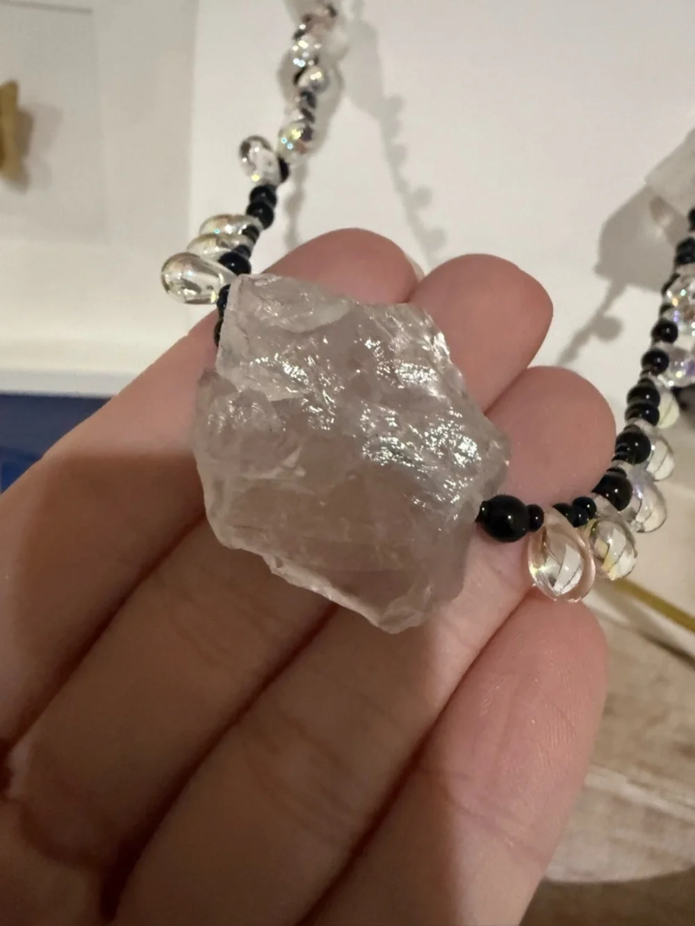 Long Black Beaded Necklace With Rock Crystal and Iridescent Beading